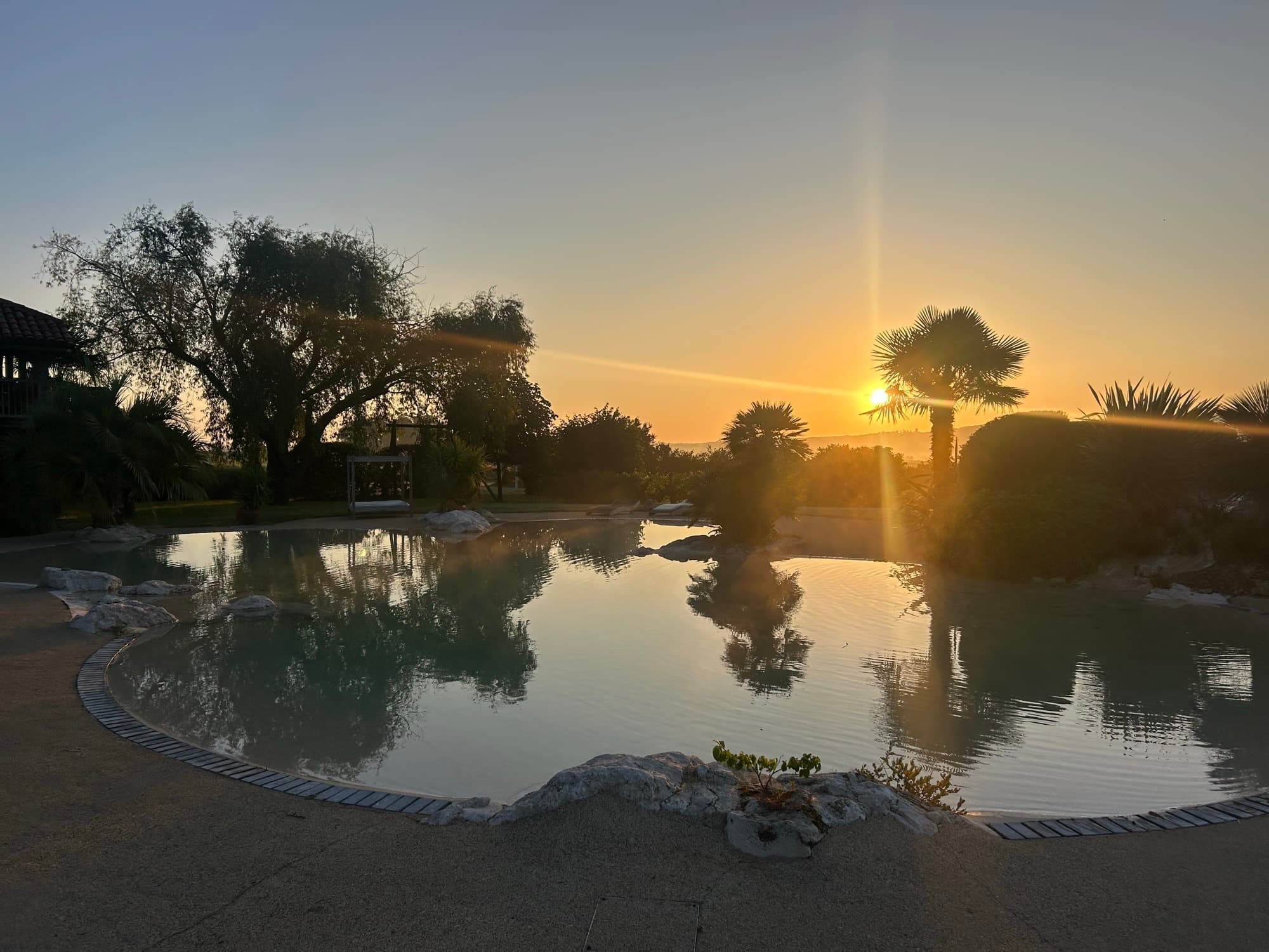 Coucher de soleil sur un bassin naturel NaturaSwim